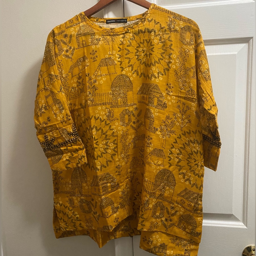 Yellow boho embroidered Linen tunic
